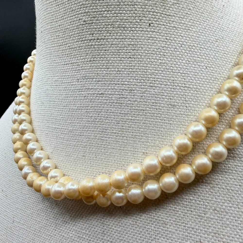 Double Strand Faux Pearl Necklace Cream Gold Tone Hook Clasp Romantic Elegant